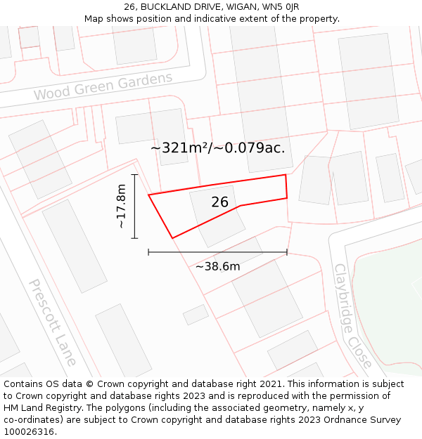 26, BUCKLAND DRIVE, WIGAN, WN5 0JR: Plot and title map