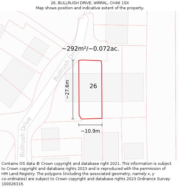 26, BULLRUSH DRIVE, WIRRAL, CH46 1SX: Plot and title map