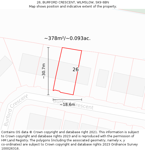 26, BURFORD CRESCENT, WILMSLOW, SK9 6BN: Plot and title map