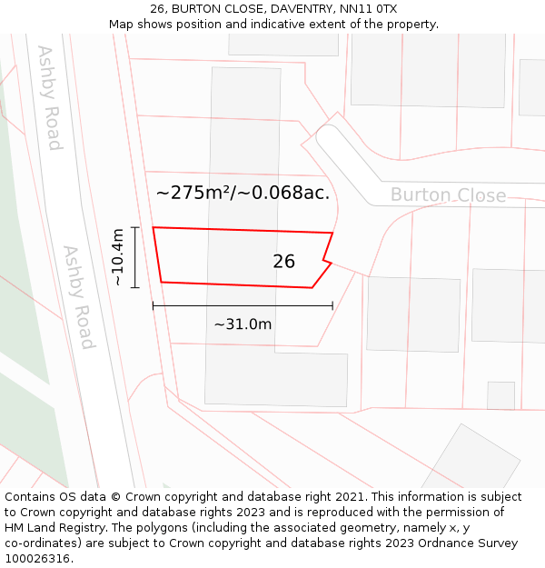 26, BURTON CLOSE, DAVENTRY, NN11 0TX: Plot and title map