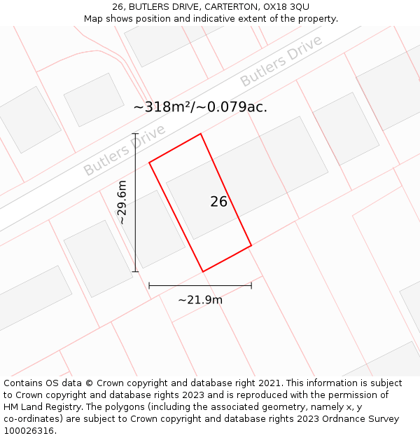 26, BUTLERS DRIVE, CARTERTON, OX18 3QU: Plot and title map