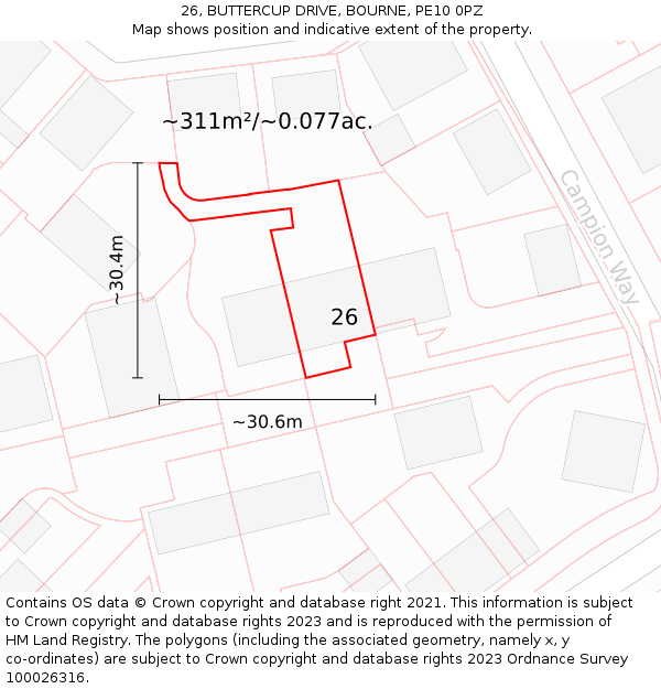 26, BUTTERCUP DRIVE, BOURNE, PE10 0PZ: Plot and title map