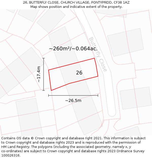 26, BUTTERFLY CLOSE, CHURCH VILLAGE, PONTYPRIDD, CF38 1AZ: Plot and title map