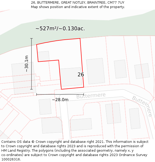 26, BUTTERMERE, GREAT NOTLEY, BRAINTREE, CM77 7UY: Plot and title map