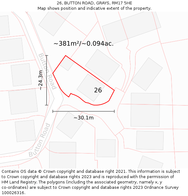 26, BUTTON ROAD, GRAYS, RM17 5HE: Plot and title map