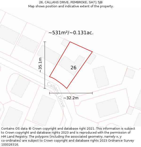 26, CALLANS DRIVE, PEMBROKE, SA71 5JB: Plot and title map