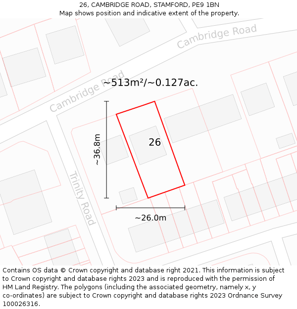 26, CAMBRIDGE ROAD, STAMFORD, PE9 1BN: Plot and title map