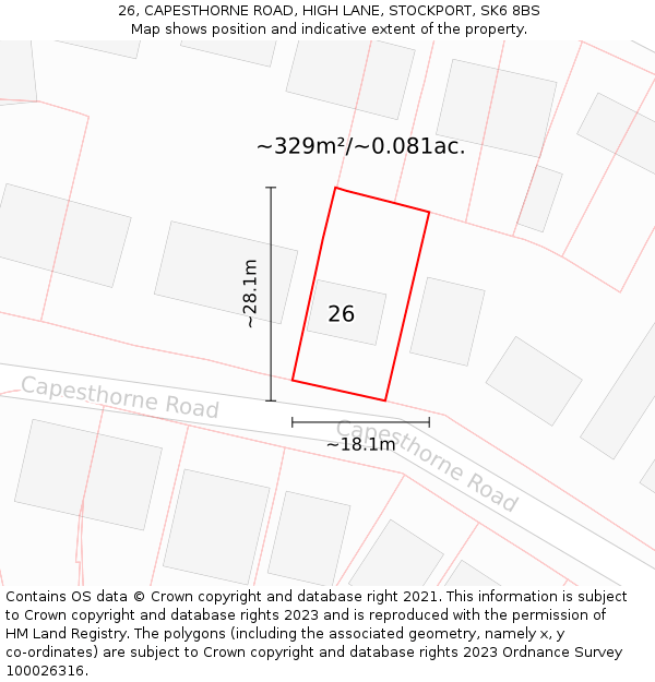 26, CAPESTHORNE ROAD, HIGH LANE, STOCKPORT, SK6 8BS: Plot and title map