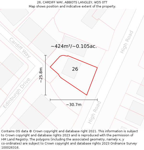 26, CARDIFF WAY, ABBOTS LANGLEY, WD5 0TT: Plot and title map