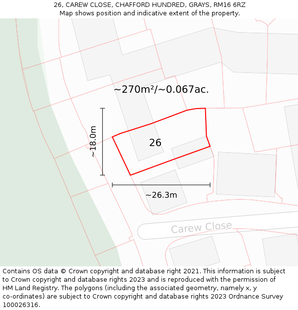 26, CAREW CLOSE, CHAFFORD HUNDRED, GRAYS, RM16 6RZ: Plot and title map