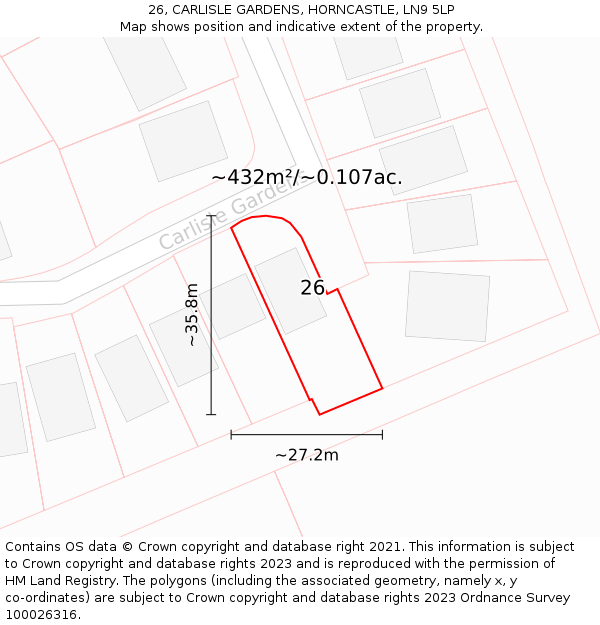 26, CARLISLE GARDENS, HORNCASTLE, LN9 5LP: Plot and title map