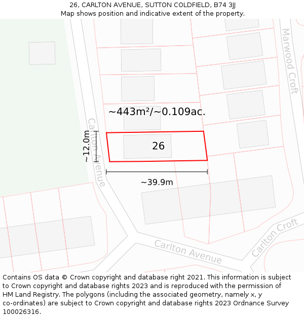 26, CARLTON AVENUE, SUTTON COLDFIELD, B74 3JJ: Plot and title map