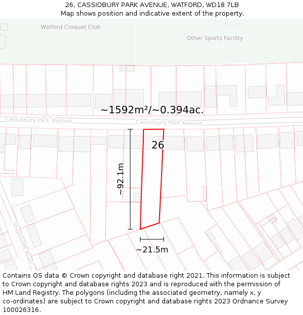 26, CASSIOBURY PARK AVENUE, WATFORD, WD18 7LB: Plot and title map