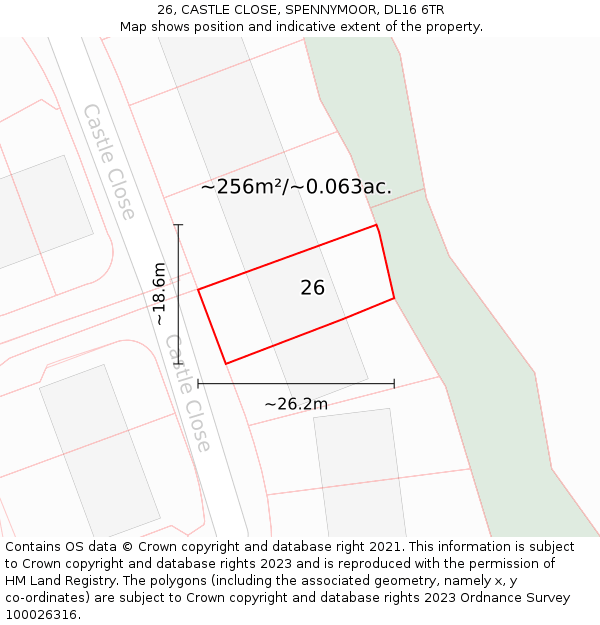 26, CASTLE CLOSE, SPENNYMOOR, DL16 6TR: Plot and title map