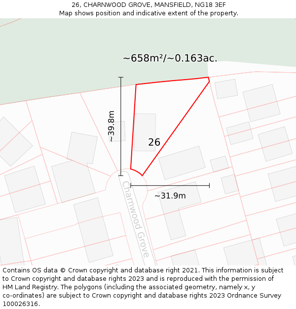 26, CHARNWOOD GROVE, MANSFIELD, NG18 3EF: Plot and title map