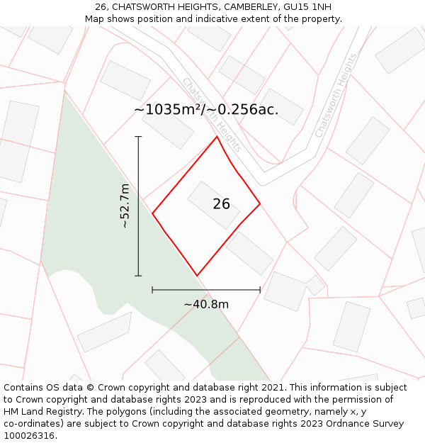 26, CHATSWORTH HEIGHTS, CAMBERLEY, GU15 1NH: Plot and title map