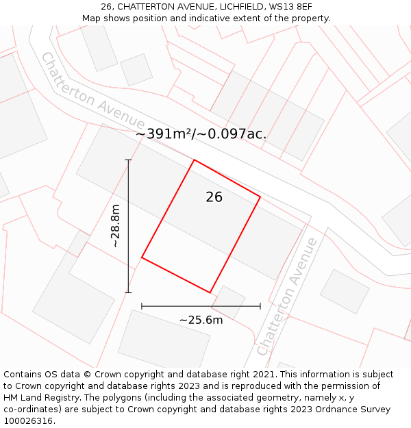 26, CHATTERTON AVENUE, LICHFIELD, WS13 8EF: Plot and title map