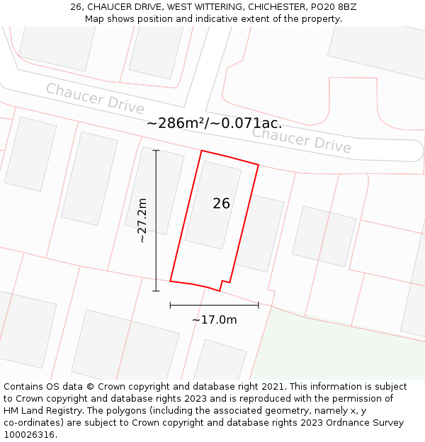 26, CHAUCER DRIVE, WEST WITTERING, CHICHESTER, PO20 8BZ: Plot and title map