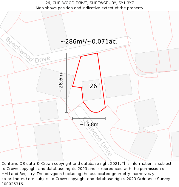 26, CHELWOOD DRIVE, SHREWSBURY, SY1 3YZ: Plot and title map