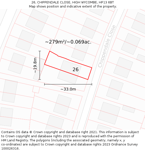 26, CHIPPENDALE CLOSE, HIGH WYCOMBE, HP13 6BT: Plot and title map