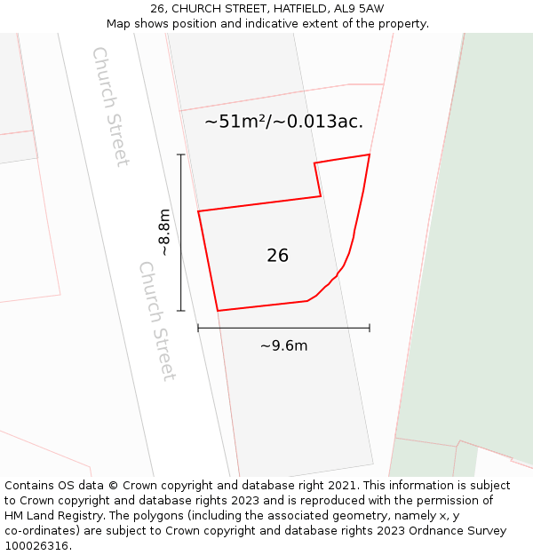 26, CHURCH STREET, HATFIELD, AL9 5AW: Plot and title map