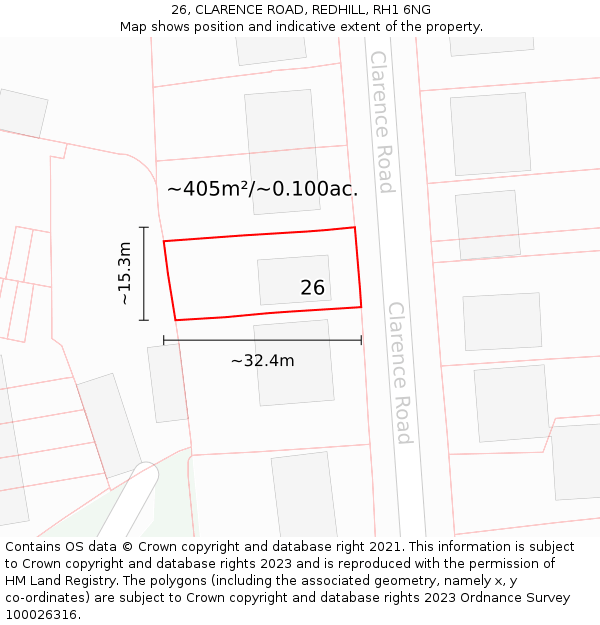 26, CLARENCE ROAD, REDHILL, RH1 6NG: Plot and title map