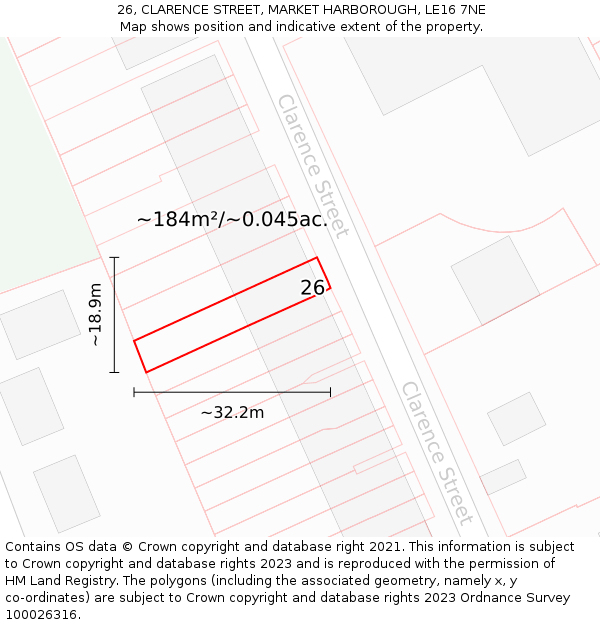26, CLARENCE STREET, MARKET HARBOROUGH, LE16 7NE: Plot and title map