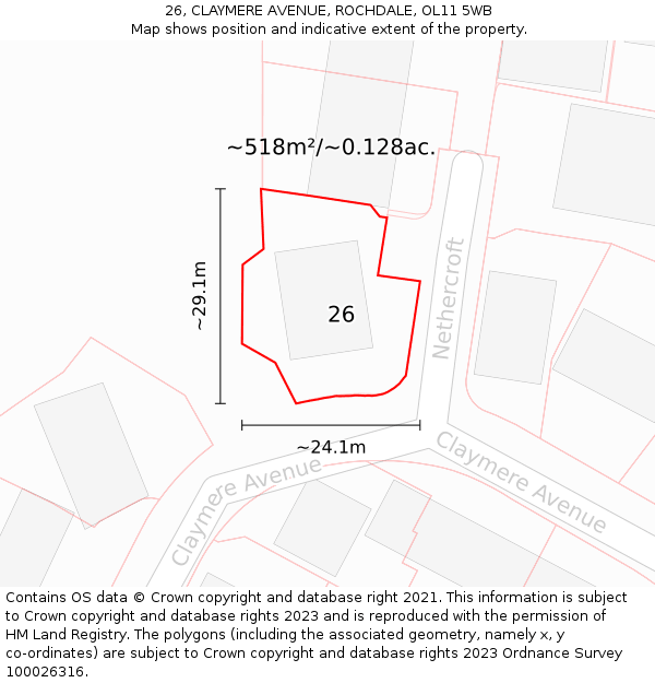 26, CLAYMERE AVENUE, ROCHDALE, OL11 5WB: Plot and title map