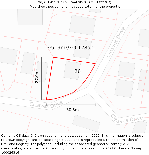 26, CLEAVES DRIVE, WALSINGHAM, NR22 6EQ: Plot and title map