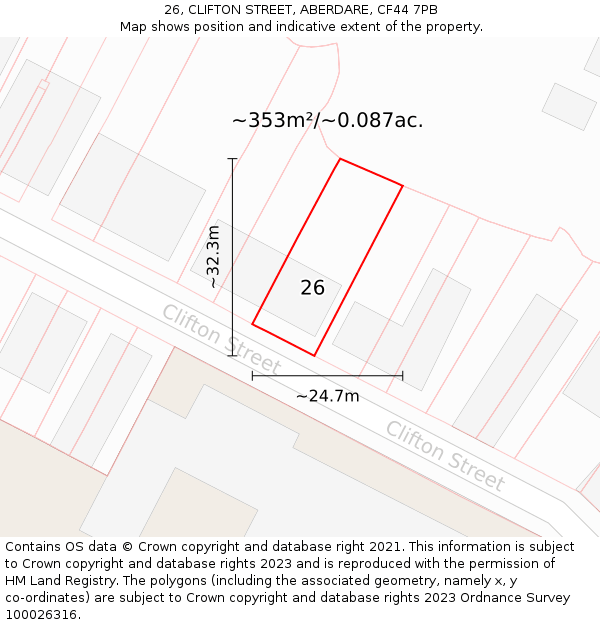 26, CLIFTON STREET, ABERDARE, CF44 7PB: Plot and title map