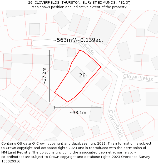 26, CLOVERFIELDS, THURSTON, BURY ST EDMUNDS, IP31 3TJ: Plot and title map