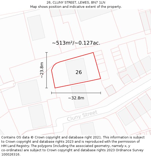 26, CLUNY STREET, LEWES, BN7 1LN: Plot and title map