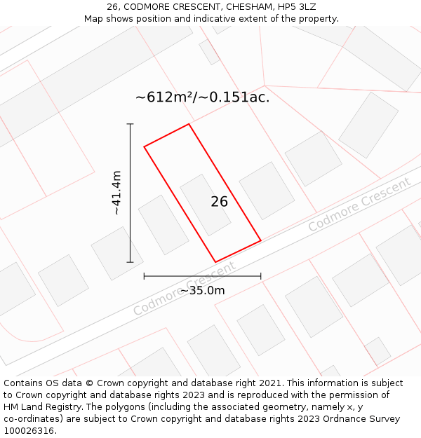 26, CODMORE CRESCENT, CHESHAM, HP5 3LZ: Plot and title map