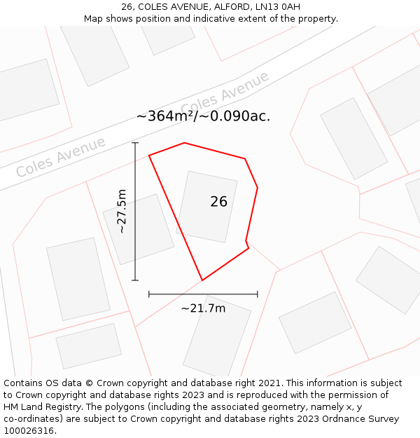 26, COLES AVENUE, ALFORD, LN13 0AH: Plot and title map