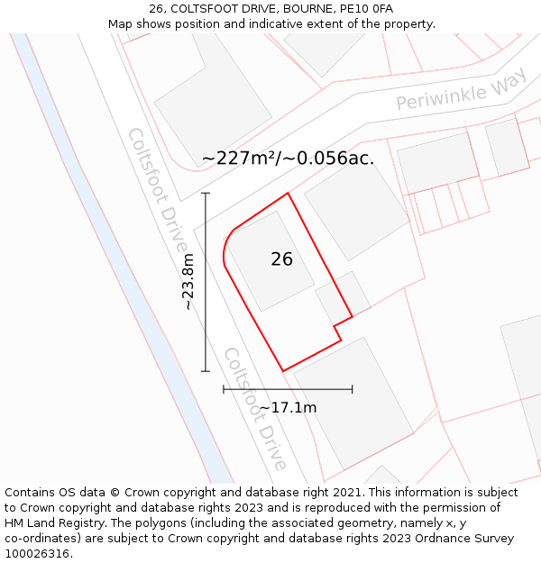 26, COLTSFOOT DRIVE, BOURNE, PE10 0FA: Plot and title map
