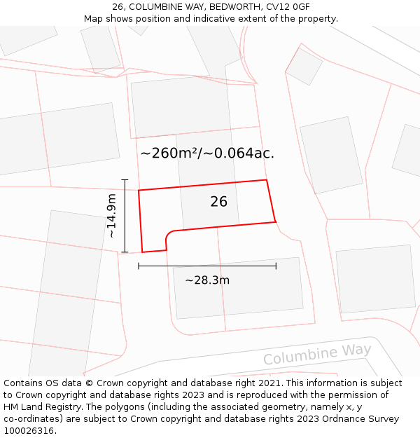 26, COLUMBINE WAY, BEDWORTH, CV12 0GF: Plot and title map