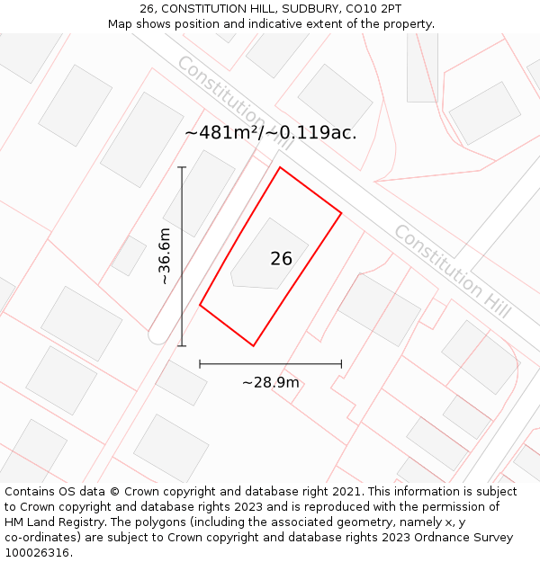 26, CONSTITUTION HILL, SUDBURY, CO10 2PT: Plot and title map