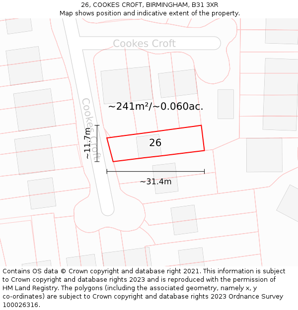 26, COOKES CROFT, BIRMINGHAM, B31 3XR: Plot and title map