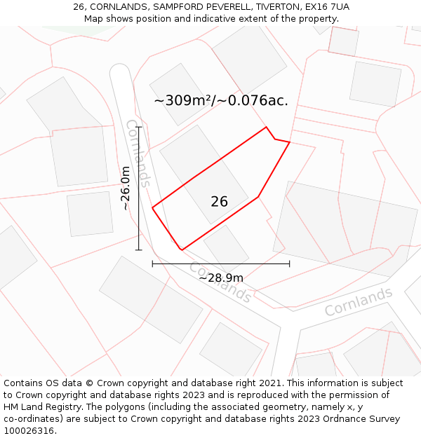 26, CORNLANDS, SAMPFORD PEVERELL, TIVERTON, EX16 7UA: Plot and title map