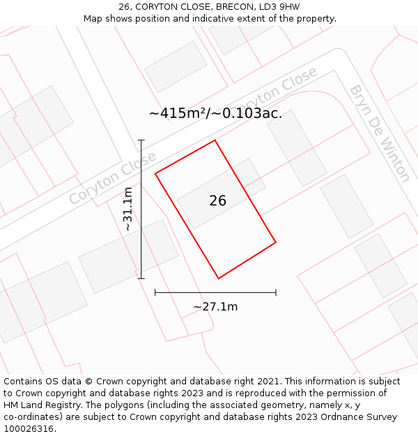 26, CORYTON CLOSE, BRECON, LD3 9HW: Plot and title map