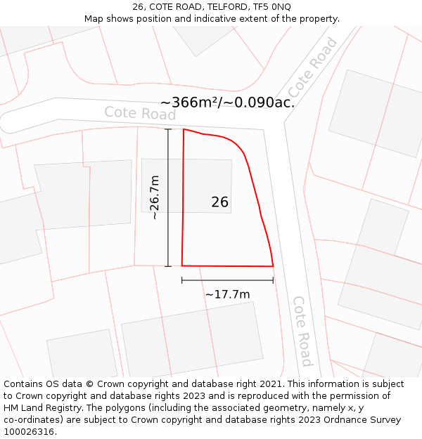26, COTE ROAD, TELFORD, TF5 0NQ: Plot and title map