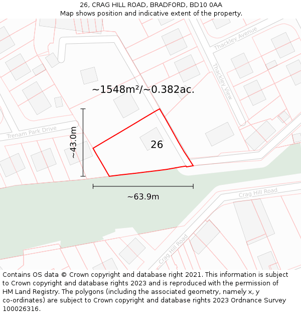 26, CRAG HILL ROAD, BRADFORD, BD10 0AA: Plot and title map
