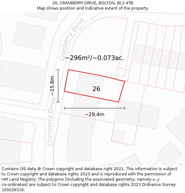 26, CRANBERRY DRIVE, BOLTON, BL3 4TB: Plot and title map