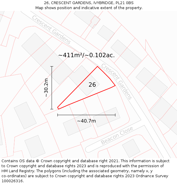 26, CRESCENT GARDENS, IVYBRIDGE, PL21 0BS: Plot and title map