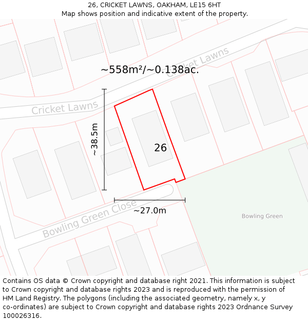 26, CRICKET LAWNS, OAKHAM, LE15 6HT: Plot and title map