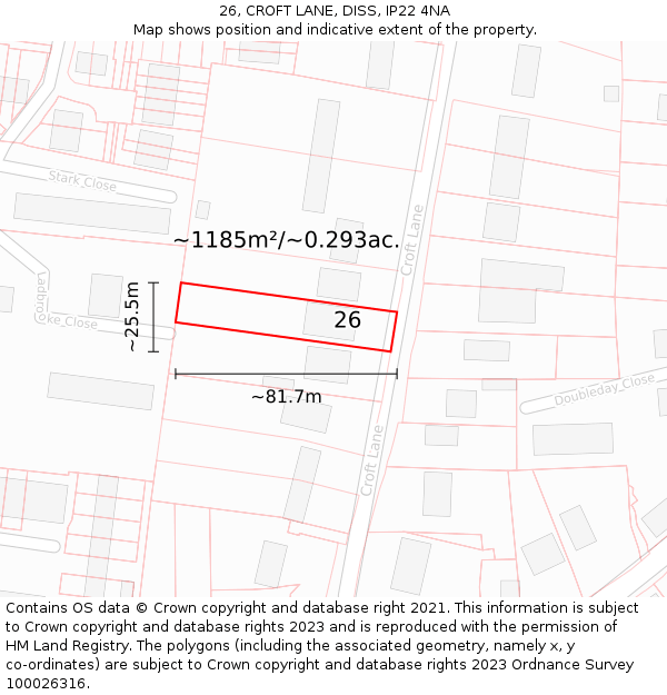 26, CROFT LANE, DISS, IP22 4NA: Plot and title map