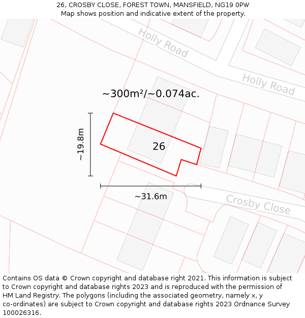 26, CROSBY CLOSE, FOREST TOWN, MANSFIELD, NG19 0PW: Plot and title map