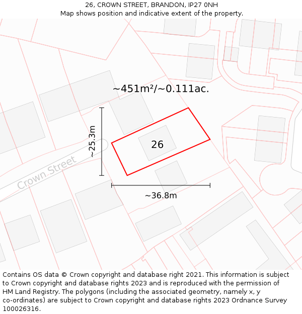 26, CROWN STREET, BRANDON, IP27 0NH: Plot and title map