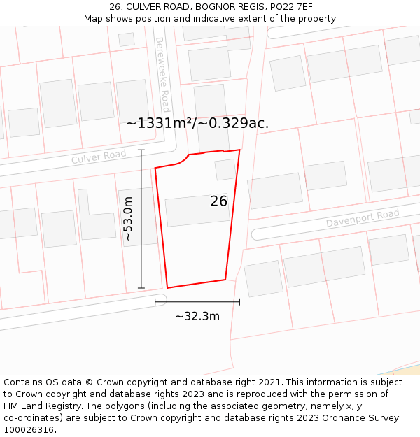 26, CULVER ROAD, BOGNOR REGIS, PO22 7EF: Plot and title map