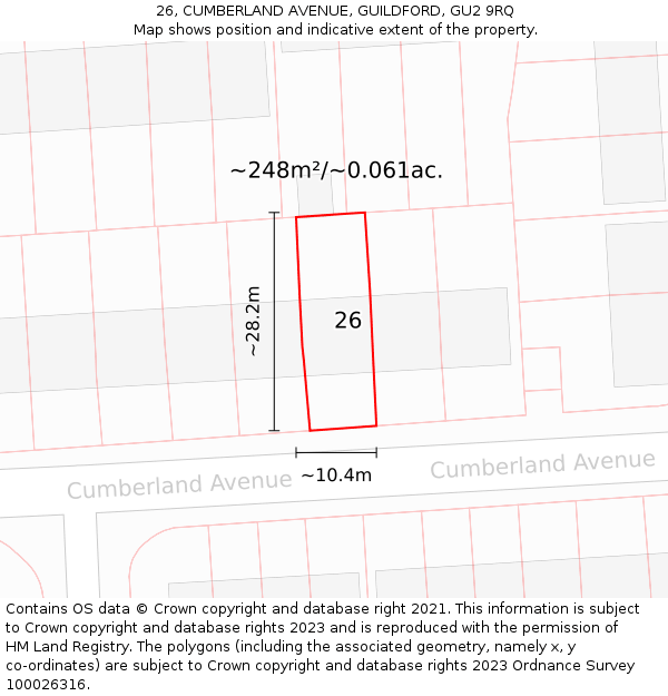 26, CUMBERLAND AVENUE, GUILDFORD, GU2 9RQ: Plot and title map